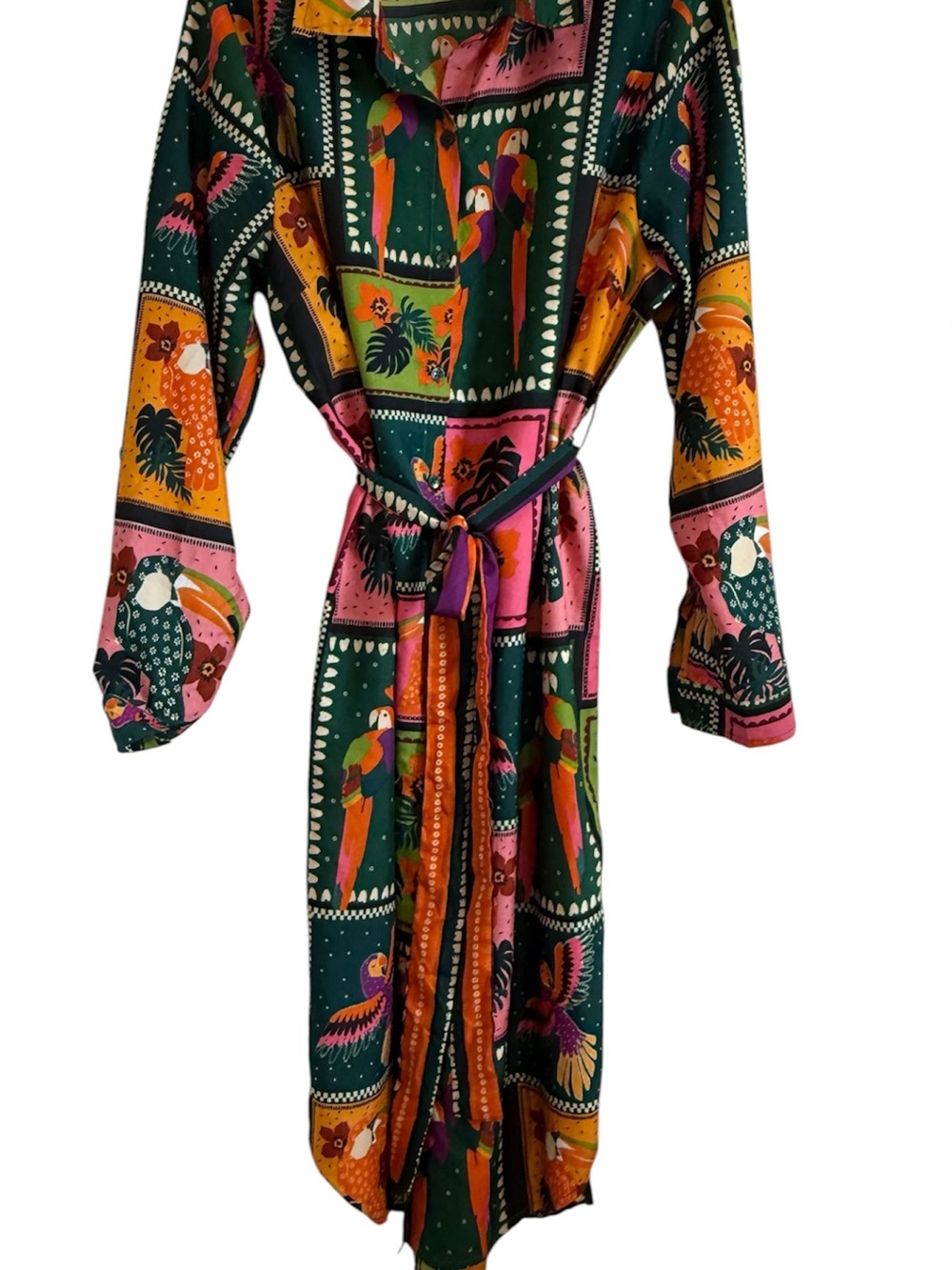 Vibrant Parrot Print Midi Shirt Dress in Green & Pink